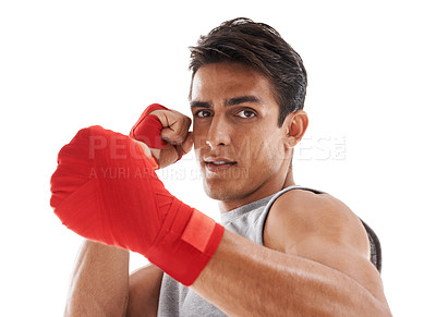 Buy stock photo Boxer, man and hands in studio for kickboxing with sports for fitness, health and martial arts isolated on white background. Strong athlete with muscle, portrait and fist, MMA training and exercise 