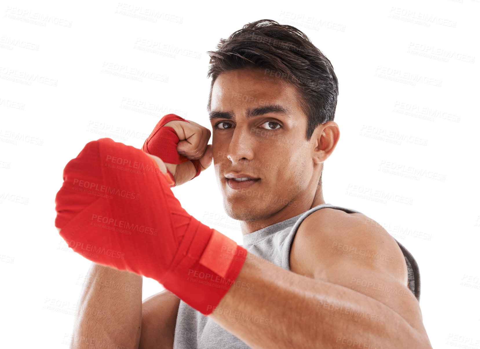 Buy stock photo Boxer, man and hands in studio for kickboxing with sports for fitness, health and martial arts isolated on white background. Strong athlete with muscle, portrait and fist, MMA training and exercise 