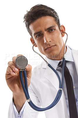 Buy stock photo Doctor, portrait and man with stethoscope for heartbeat, healthcare check and cardiology in studio on white background. Medical worker, tools and listening to lungs, cardiovascular test or evaluation