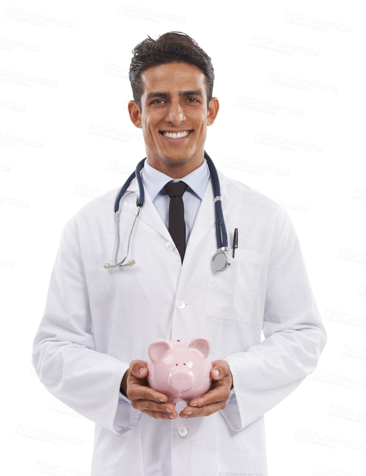 Buy stock photo Doctor, man and piggy bank for savings in portrait, investment and financial loan for healthcare. Male professional, funding and planning hospital budget by white background, studio and security