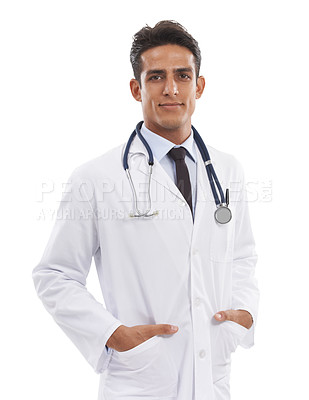 Buy stock photo Man, portrait or doctor in studio for healthcare services, medical consulting or expert physician on white background. Professional therapist working with trust in medicine, clinical help or wellness