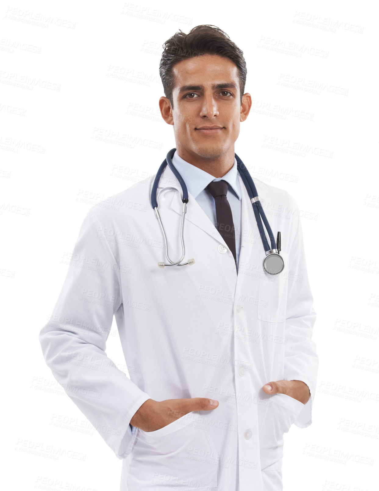 Buy stock photo Man, portrait or doctor in studio for healthcare services, medical consulting or expert physician on white background. Professional therapist working with trust in medicine, clinical help or wellness