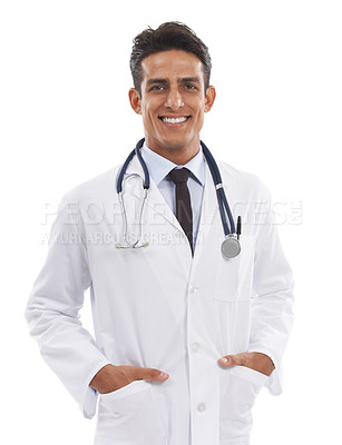 Buy stock photo Man, portrait or doctor smile in studio for clinical consulting, healthcare services or specialist help on white background. Happy surgeon, expert therapist or medical professional working with pride