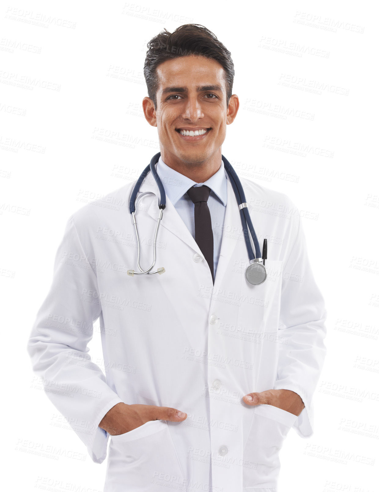 Buy stock photo Man, portrait or doctor smile in studio for clinical consulting, healthcare services or specialist help on white background. Happy surgeon, expert therapist or medical professional working with pride