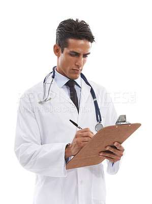 Buy stock photo Man, doctor and writing on clipboard in studio, planning notes and healthcare information on white background. Serious medical worker with report of insurance checklist, paperwork and medicine script