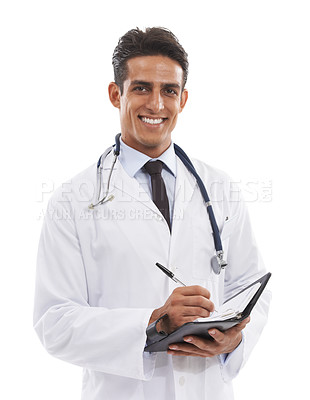 Buy stock photo Man, doctor or portrait with notes in studio for planning healthcare information on white background. Happy medical worker writing in notebook, journal or consulting schedule of administration report