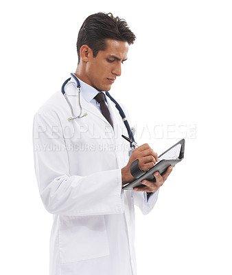 Buy stock photo Man, doctor and notebook for writing in studio, planning healthcare information and checklist on white background. Serious medical worker reading notes, hospital journal or administration of schedule