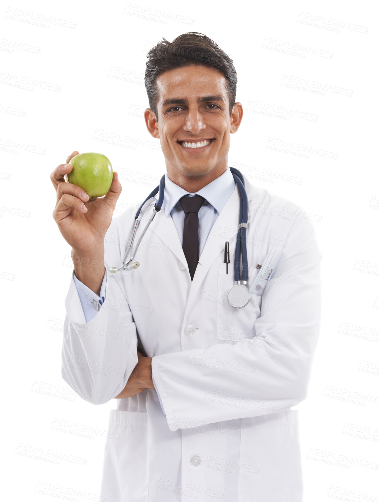 Buy stock photo Doctor, portrait and man smile with apple in studio, nutrition and healthy diet or fiber in fruit. Male medical professional, healthcare and promotion of organic snack, face and white background