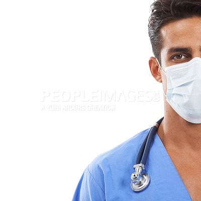 Buy stock photo Doctor, face mask and portrait in studio, man and prevention of disease and infection by white background. Male nurse, medical service and protection in pandemic, healthcare and quarantine by mockup