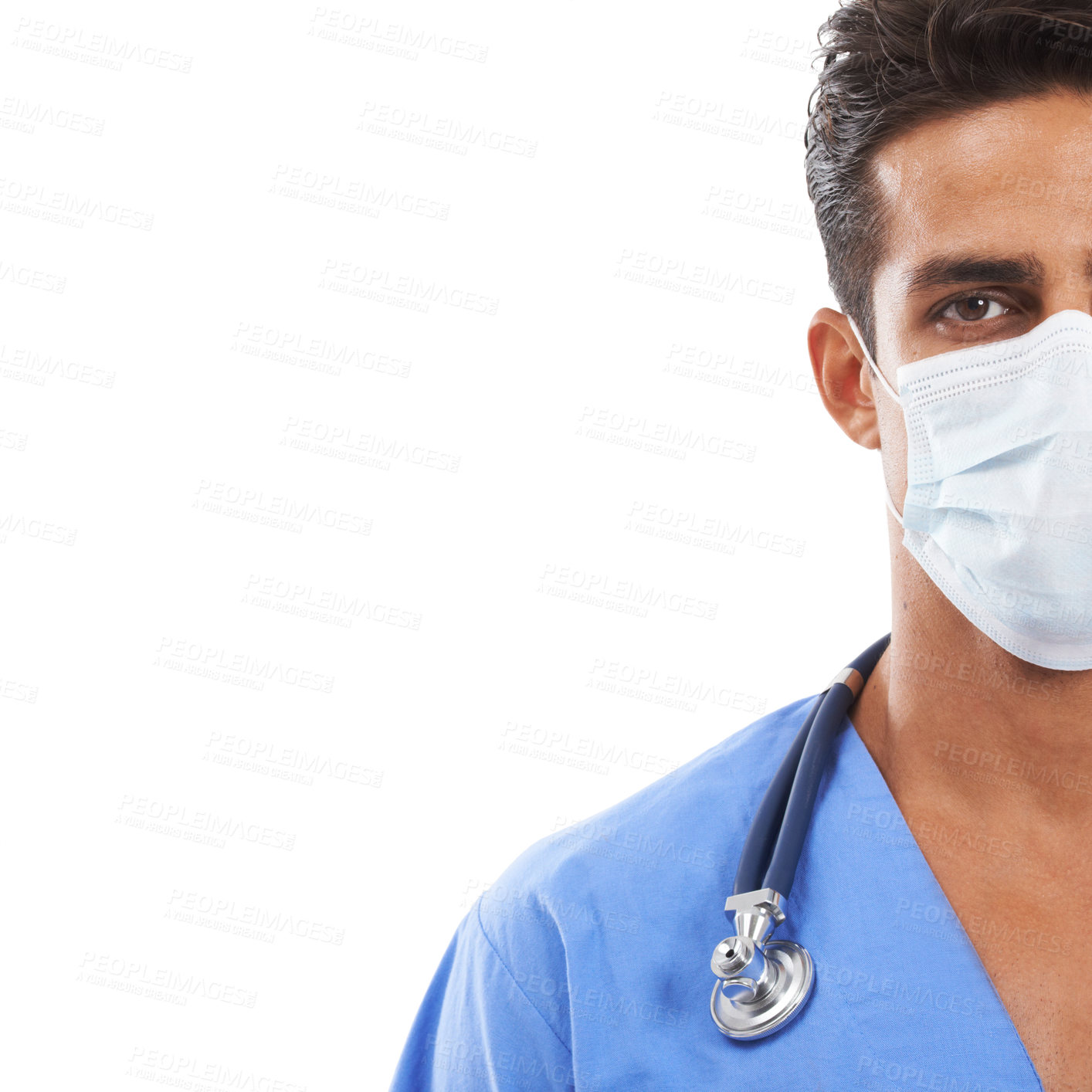 Buy stock photo Doctor, face mask and portrait in studio, man and prevention of disease and infection by white background. Male nurse, medical service and protection in pandemic, healthcare and quarantine by mockup