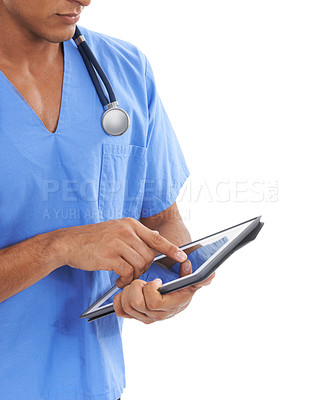 Buy stock photo Nurse, tablet and man planning on technology for healthcare, studio and online research by white background. Male medical professional, internet and information or consulting, agenda and analysis