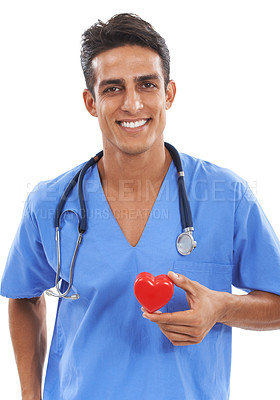Buy stock photo Nurse, portrait and heart for healthcare in studio, trust and support in medical service. Male professional, emoji and icon by white background, face and smiling for cardiology wellness or sign
