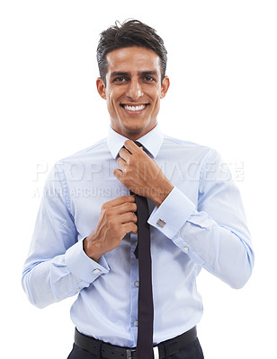 Buy stock photo Business man, studio and ready with tie, smile and portrait with corporate fashion by white background. Entrepreneur, employee and person with shirt, clothes and happy with preparation for career