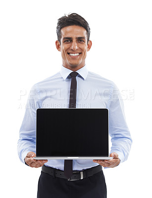 Buy stock photo Portrait, business man and advertising laptop screen in studio for deal, offer or sign up to newsletter on white background. Happy worker, computer and mockup space for announcement, launch or UX ads