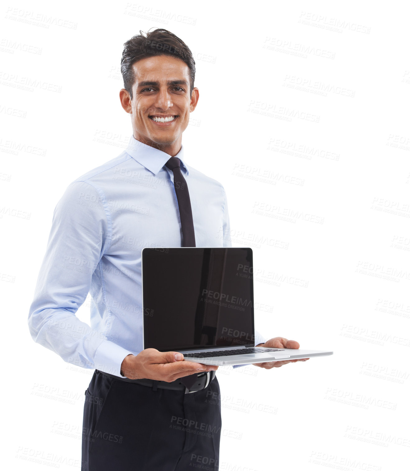 Buy stock photo Portrait, business man and mockup on laptop screen in studio for deal, offer or sign up to newsletter on white background. Happy worker, computer or advertising space for announcement, launch or info