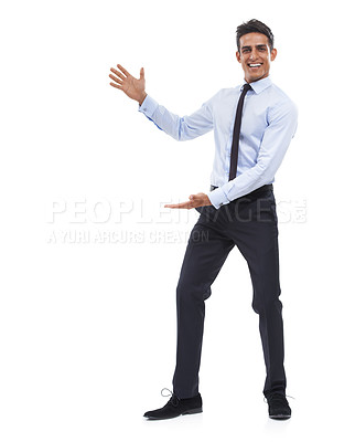 Buy stock photo Portrait, business man and presentation of space, mockup and announcement of corporate news deal in studio on white background. Happy worker advertising launch, offer feedback or information about us