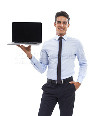 Buy stock photo Portrait, business man and promotion on laptop screen in studio for deal, offer and sign up to newsletter on white background. Happy worker advertising information, mockup space or launch on computer