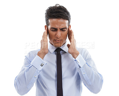 Buy stock photo Business man, headache and pain in studio for burnout, disaster or brain fog on white background. Tired, stress and frustrated worker with anxiety, fatigue and challenge of vertigo, crisis or mistake