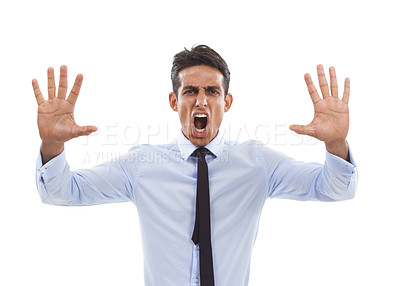 Buy stock photo Business man, portrait and screaming stop in studio, danger and frustrated by white background. Male professional, reject and block or rejection of failure, shouting and review or sign language