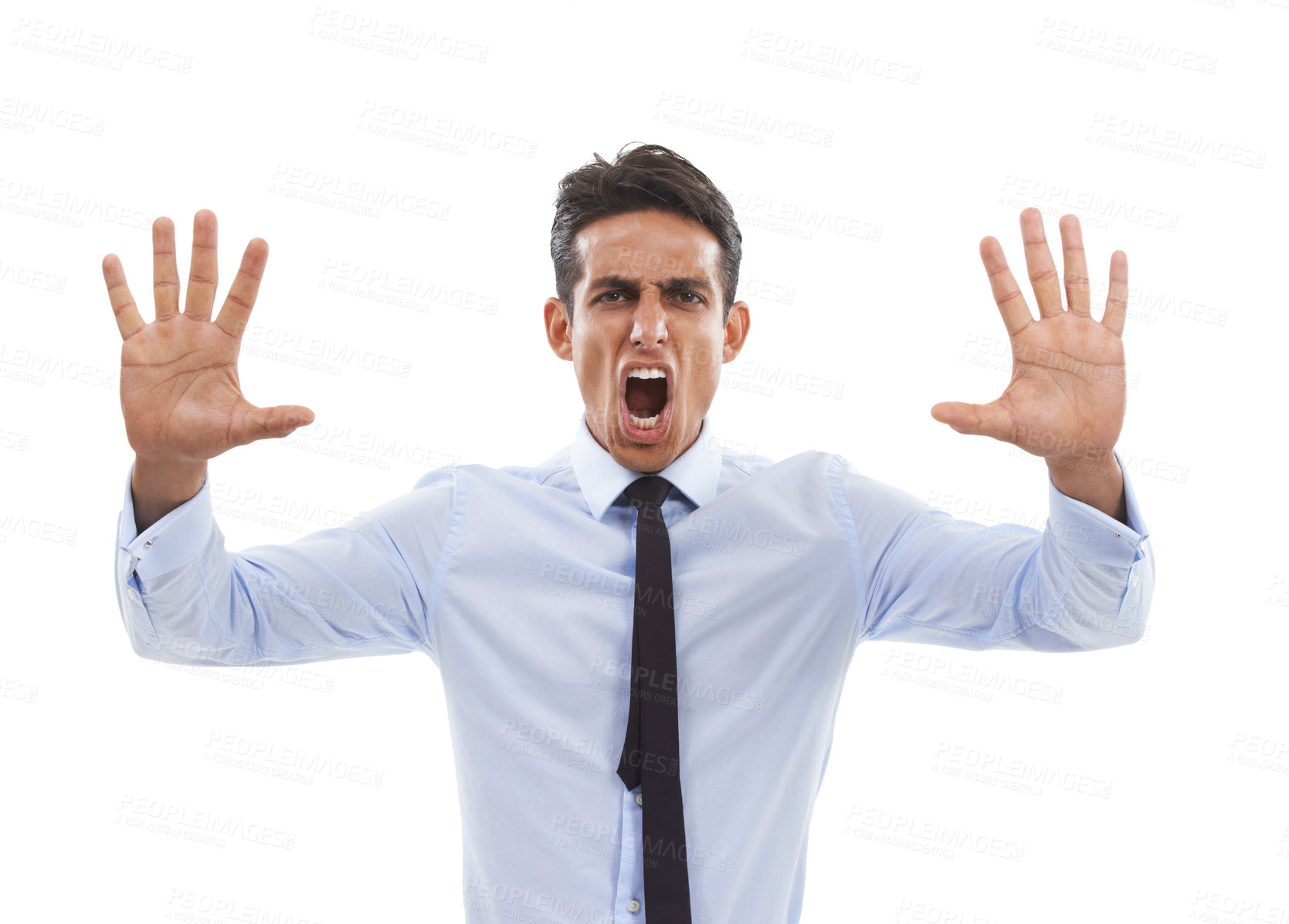 Buy stock photo Business man, portrait and screaming stop in studio, danger and frustrated by white background. Male professional, reject and block or rejection of failure, shouting and review or sign language