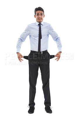 Buy stock photo Business man, empty pockets and studio portrait for financial crisis in recession by white background. Entrepreneur, employee and person with no money, stress and inflation in economy, pants and poor