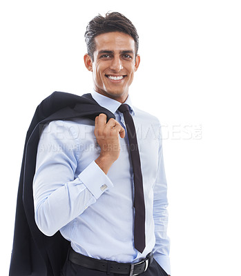 Buy stock photo Business man, studio portrait and suit with smile, pride and career as corporate lawyer by white background. Indian person, attorney or advocate with blazer, happy and fashion for job with justice