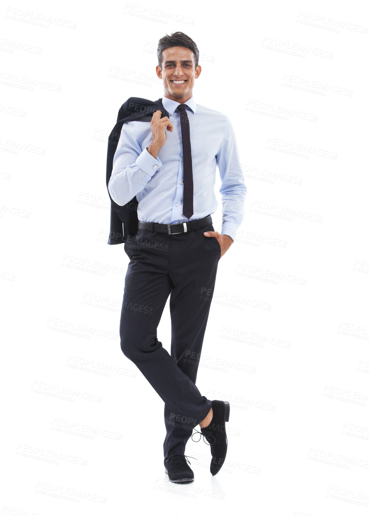 Buy stock photo Happy businessman, portrait and suit for fashion, style or corporate attire against a white studio background. Man or employee smile for stylish business clothing, career or job opportunity on mockup
