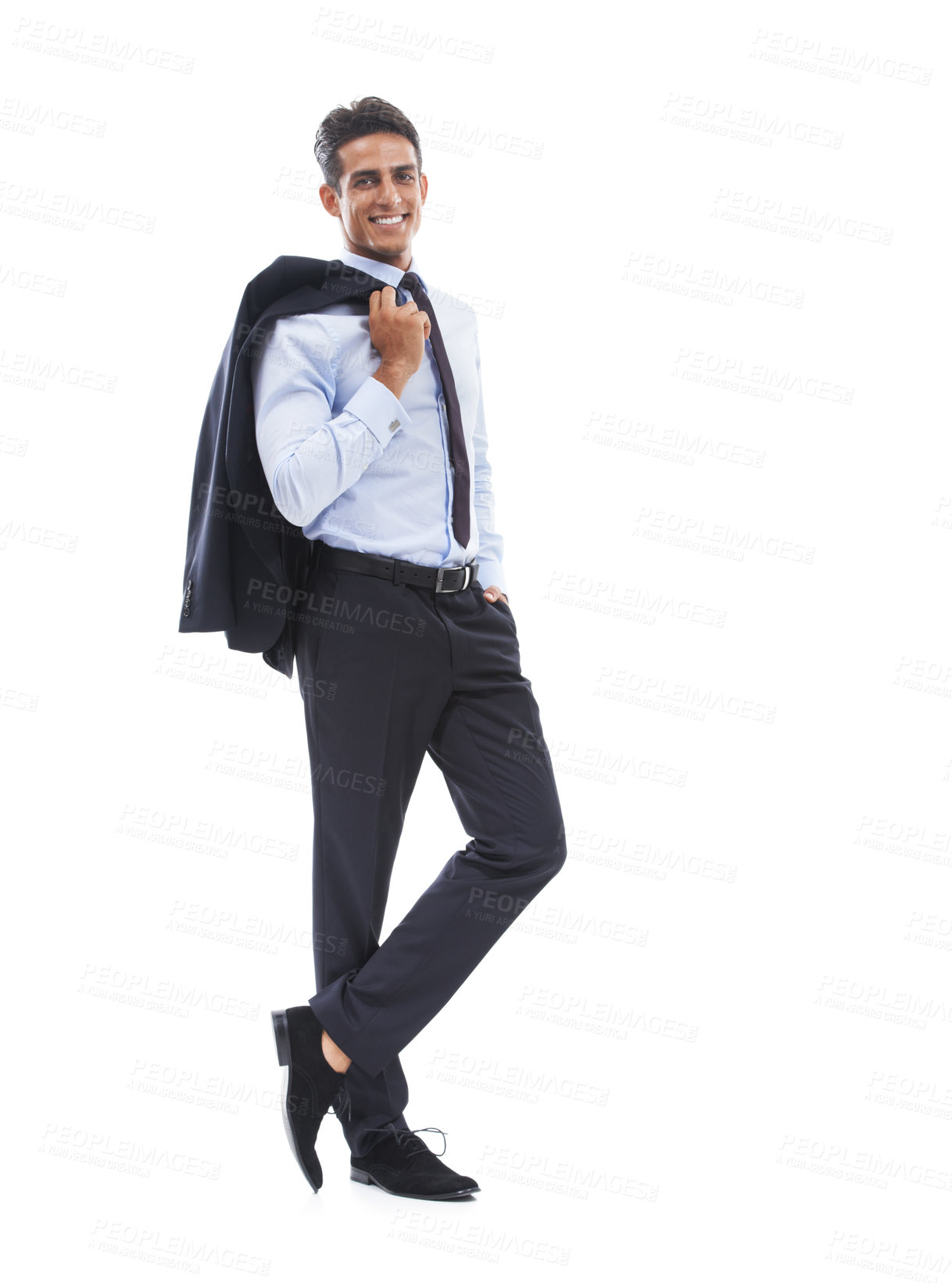 Buy stock photo Confident business man, pose in studio and smile in portrait with jacket or blazer isolated on white background. Lawyer with corporate fashion, mockup space and professional in suit with career
