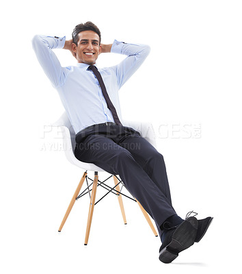 Buy stock photo Business man, chair and relaxing in portrait, studio and smiling for career pride by white background. Male professional, face and happy for job opportunity, entrepreneur and confident for startup