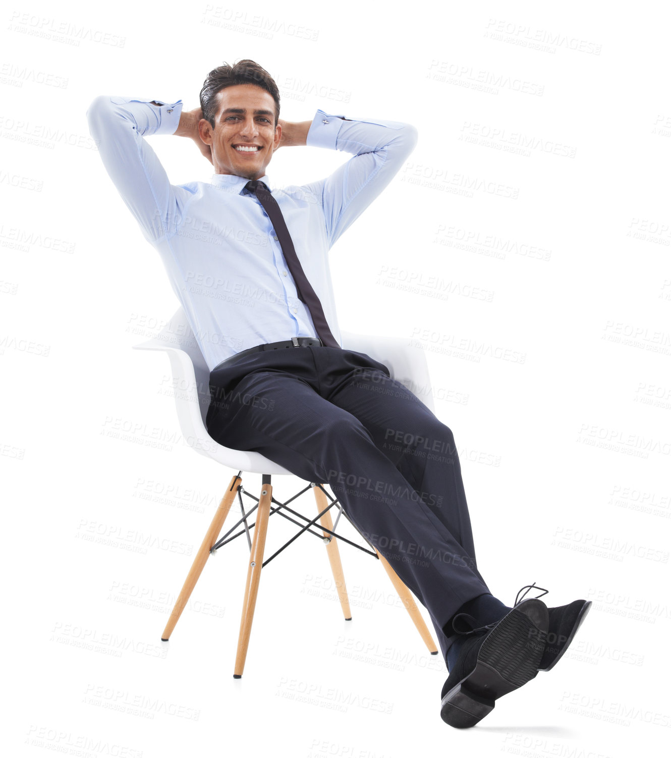 Buy stock photo Business man, chair and relaxing in portrait, studio and smiling for career pride by white background. Male professional, face and happy for job opportunity, entrepreneur and confident for startup