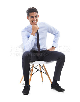 Buy stock photo Business man, chair and relaxing in portrait, smile and studio or career pride by white background. Male professional, face and happy for job opportunity, entrepreneur and confident for startup