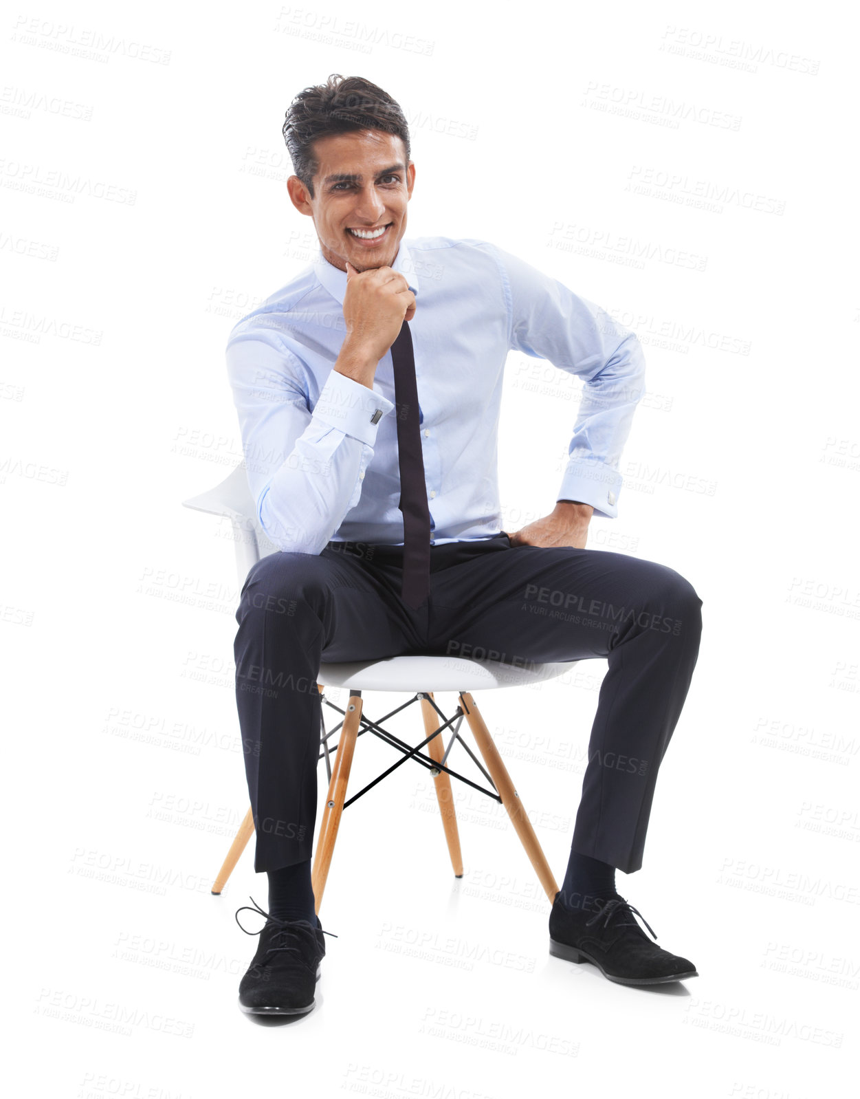 Buy stock photo Business man, chair and relaxing in portrait, smile and studio or career pride by white background. Male professional, face and happy for job opportunity, entrepreneur and confident for startup