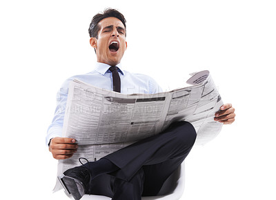 Buy stock photo Business man, reading newspaper and studio with yawn, tired or finance information by white background. Person, newsletter or paper with fatigue, burnout and learning for stats, index or stock market