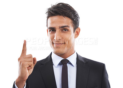 Buy stock photo Businessman, portrait and smile in studio with pointing for presentation, advertising and information. Entrepreneur, person and face for marketing, announcement and showing offer on white background