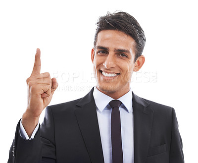 Buy stock photo Businessman, portrait and happy in studio with pointing up for presentation, advertising and information. Entrepreneur, person or face for marketing, announcement or showing offer on white background