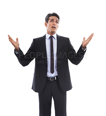 Buy stock photo Business man, thinking and doubt in studio, professional and contemplating choice or decision. Male person, employee and brainstorming or question by white background, unsure and confused or why