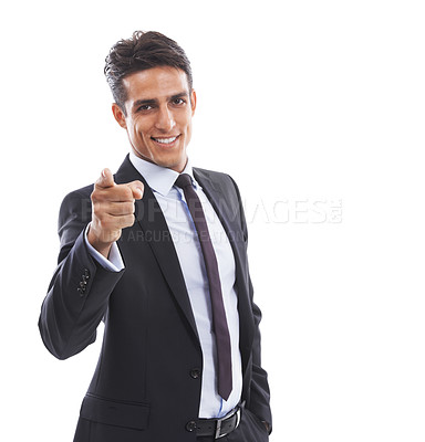 Buy stock photo Business man, portrait and pointing to you in studio for choice, recruitment decision and invitation on white background. Happy worker show fingers for HR offer, hiring emoji and vote at mockup space