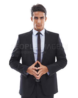 Buy stock photo Business man, portrait and serious in studio for company, contemplating and confidence in ideas. Male professional, lawyer and face by white background, thinking and pride for career and future