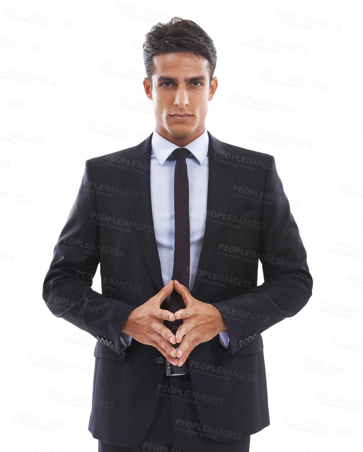 Buy stock photo Business man, portrait and serious in studio for company, contemplating and confidence in ideas. Male professional, lawyer and face by white background, thinking and pride for career and future