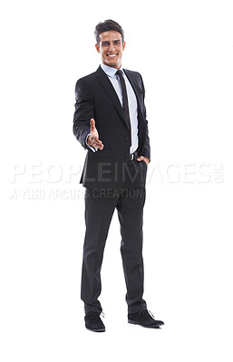 Buy stock photo Portrait, business man and offer handshake in studio for welcome, hiring and introduction on white background. Happy worker shaking hands for recruitment, onboarding partnership or thank you for deal