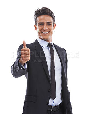 Buy stock photo Thumbs up, portrait and business man in studio for success, winning deal or achievement on white background. Happy worker show emoji sign, like feedback or vote yes for excellence, thank you or trust