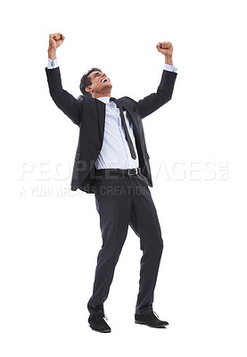 Buy stock photo Business man, fist celebration and studio with smile for profit, revenue and bonus by white background. Entrepreneur, trader or winner person with goals, achievement and happy with yes for results