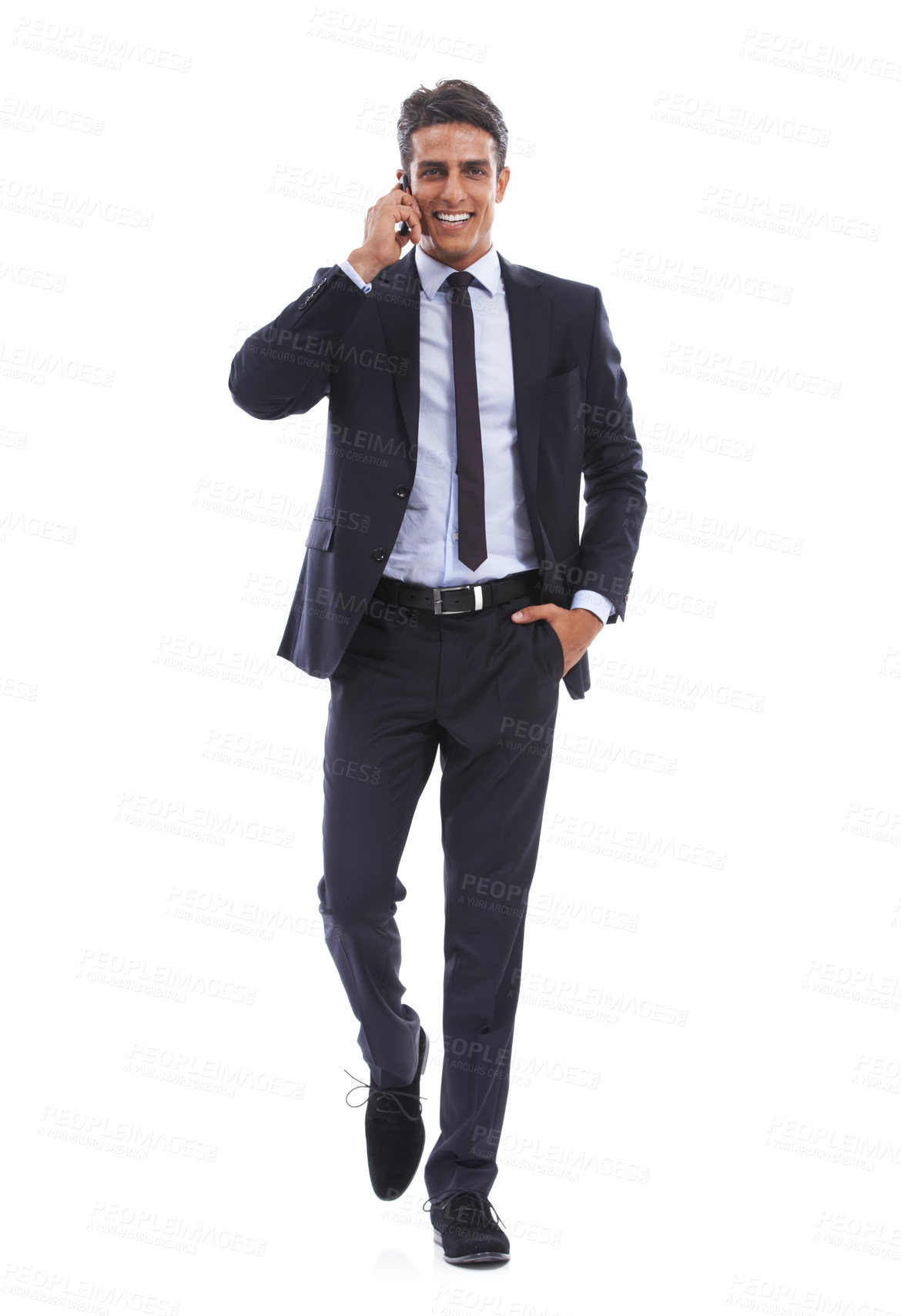 Buy stock photo Business man, phone call and portrait in studio for communication, consulting and contact on white background. Happy corporate worker walking with mobile for conversation of advice, feedback and news