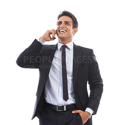 Buy stock photo Phone call, business man and laugh in studio for consulting, communication or chat to contact on white background. Happy worker, mobile networking and thinking of feedback, conversation or funny news