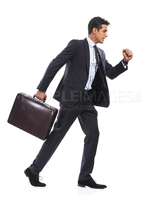 Buy stock photo Business man, studio and walk with briefcase, determination and ready for job by white background. Entrepreneur, employee and person with luggage, bag or case on commute, profile and travel to work