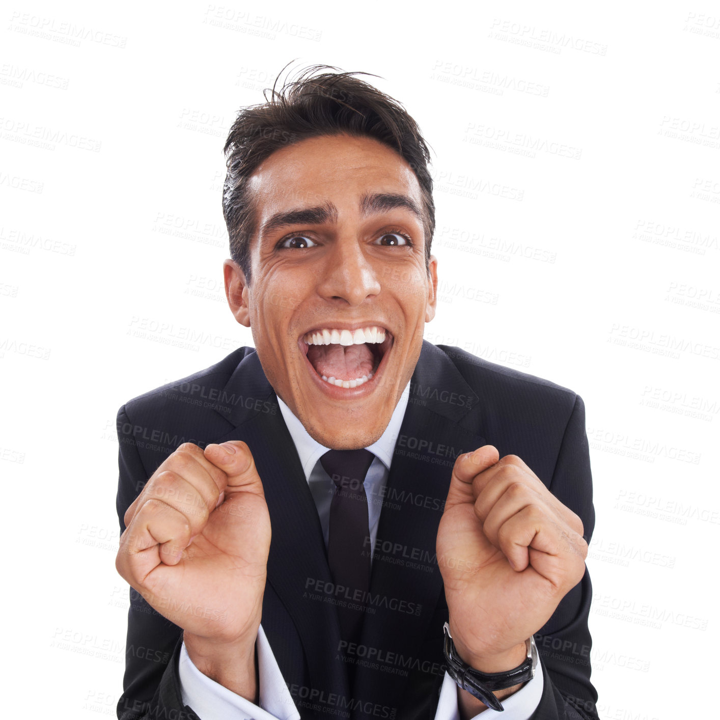 Buy stock photo Business man, winner and victory in portrait, studio and excited for corporate success by white background. Happy male professional, wow and promotion or deal, energy and celebration for opportunity