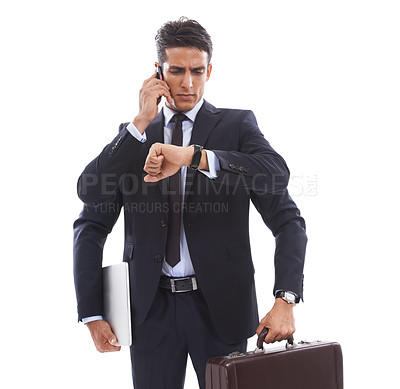 Buy stock photo Business man, many arms and studio with multitasking, check watch and phone call by white background. Lawyer, attorney or advocate with bag, laptop and smartphone with time management with thinking