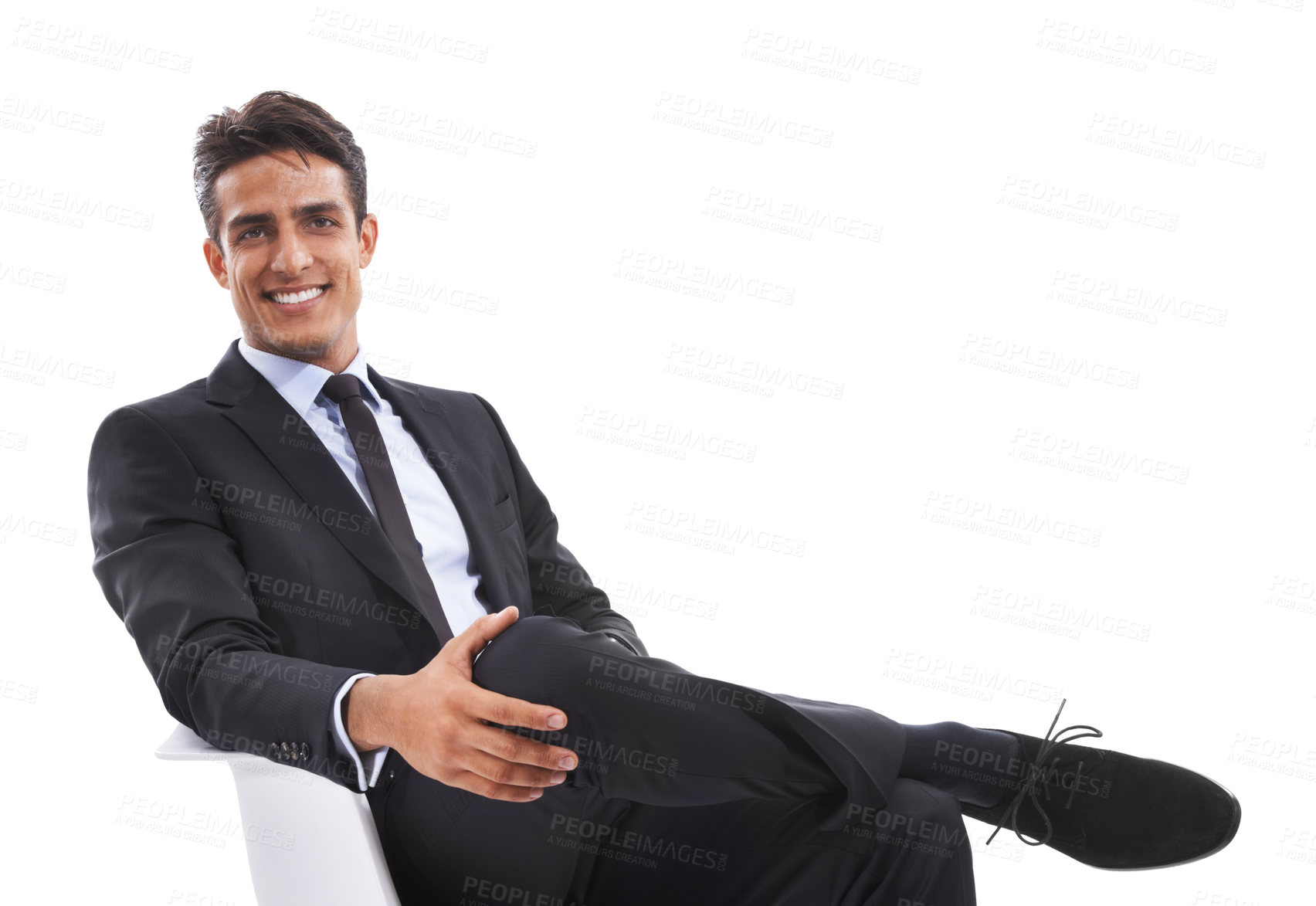 Buy stock photo Businessman, chair and relaxing in portrait, studio and smiling for career pride by white background. Male professional, face and happy for job opportunity, entrepreneur and confident for startup