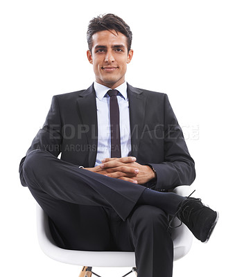 Buy stock photo Business man, chair and confidence in portrait, studio and smiling for career pride by white background. Male professional, face and happy for job opportunity, entrepreneur and planning for startup
