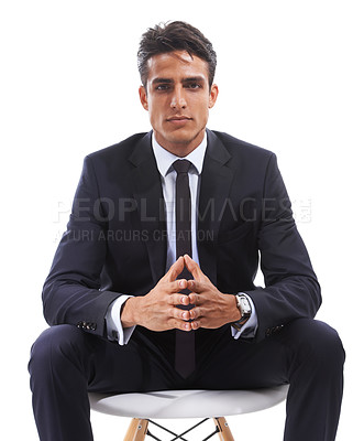 Buy stock photo Businessman, portrait and chair in studio for planning, confidence and thinking on ideas for company. Male professional, face and contemplating future by white background, worker and lawyer in India